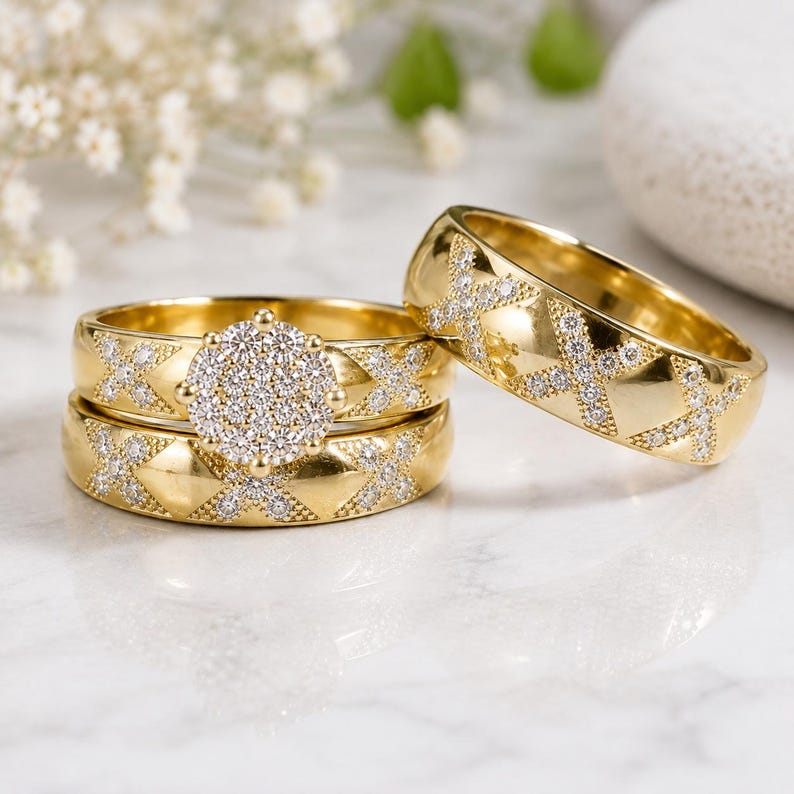 Bridal Trio Ring Set — Round Simulated Diamond, Yellow Gold Finish, 925 Sterling Silver (3-Piece) - view 4