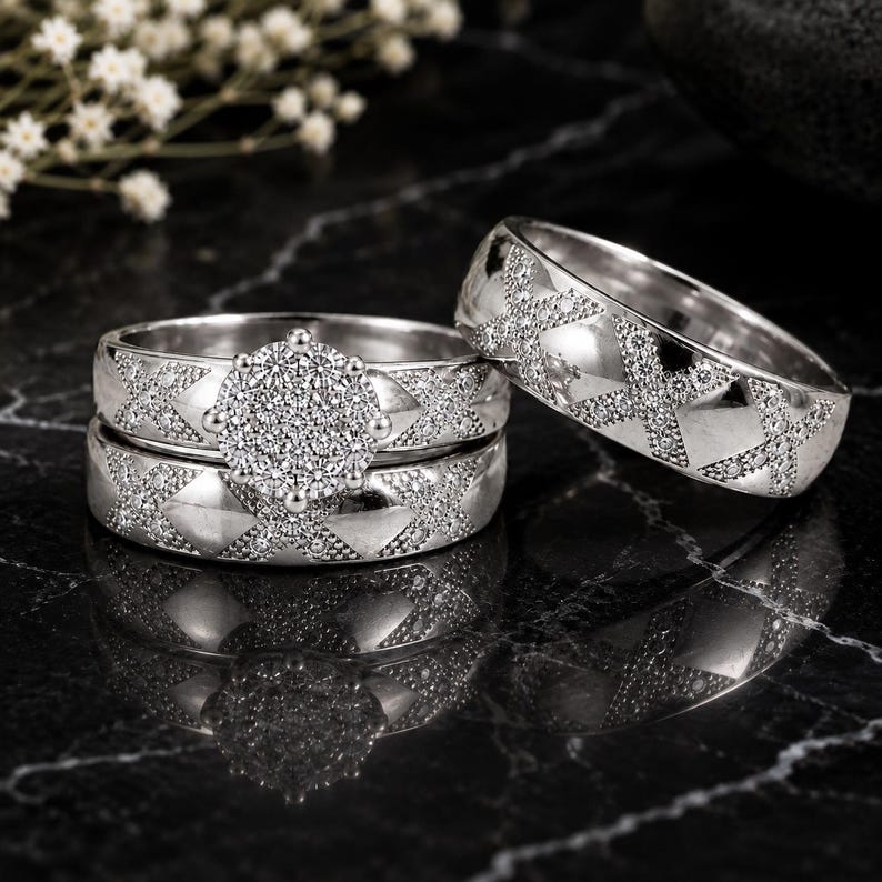 Bridal Trio Ring Set — Round Simulated Diamond, Yellow Gold Finish, 925 Sterling Silver (3-Piece) - view 2