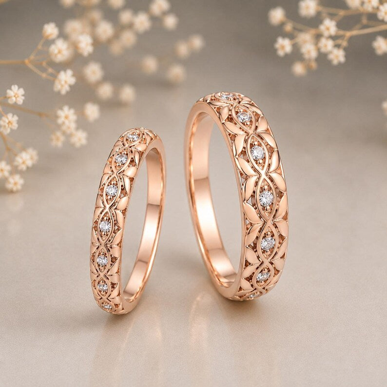 Bridal Ring Set — Filigree Leaf-Motif Couple Bands