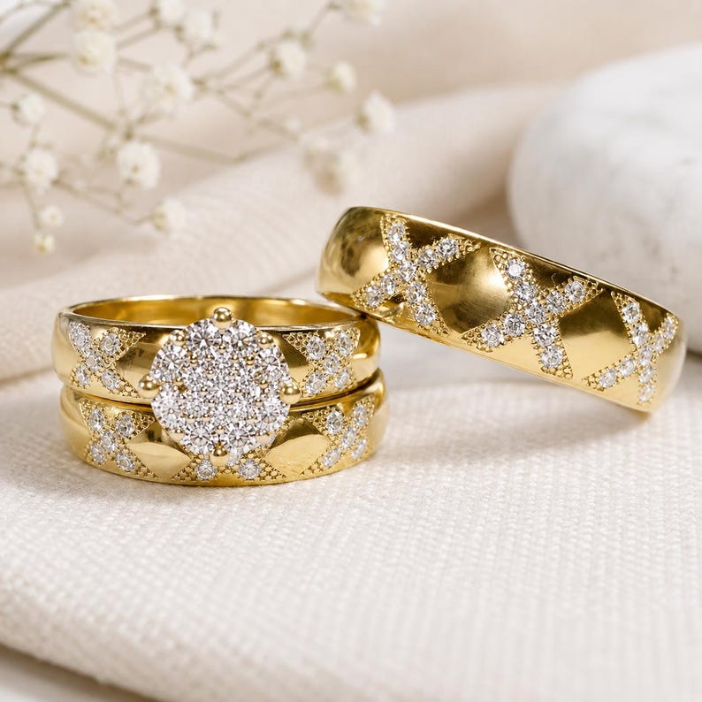 Bridal Trio Ring Set — Round Simulated Diamond, Yellow Gold Finish, 925 Sterling Silver (3-Piece) - view 1