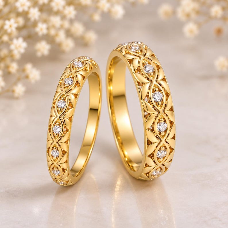 Bridal Ring Set — Filigree Leaf-Motif Couple Bands
