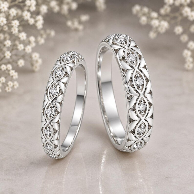 Bridal Ring Set — Filigree Leaf-Motif Couple Bands