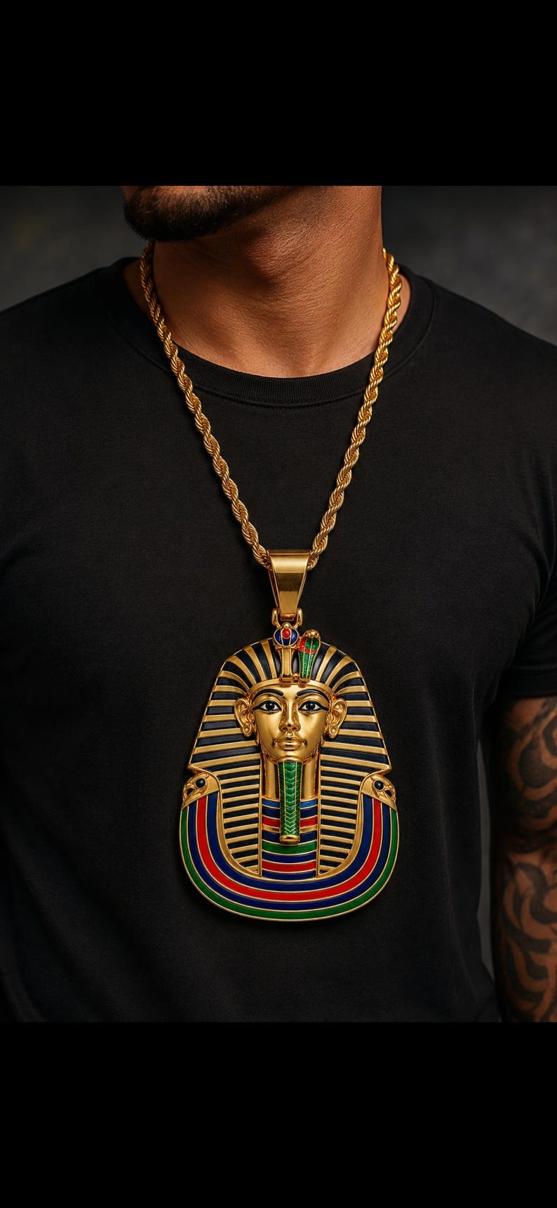 Hip Hop Pendant — Egyptian Pharaoh King Tut Face Pendant, Yellow Gold Finish, 925 Sterling Silver