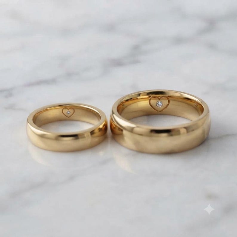Couple's Dome Wedding Band Set, 14K Yellow Gold Finish