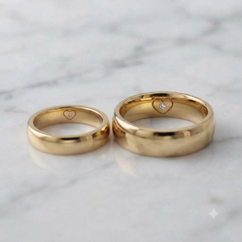 Bridal Ring Set — Dome Shape Plain Band, Yellow Gold Plated Finish, 925 Sterling Silver (2-Piece)