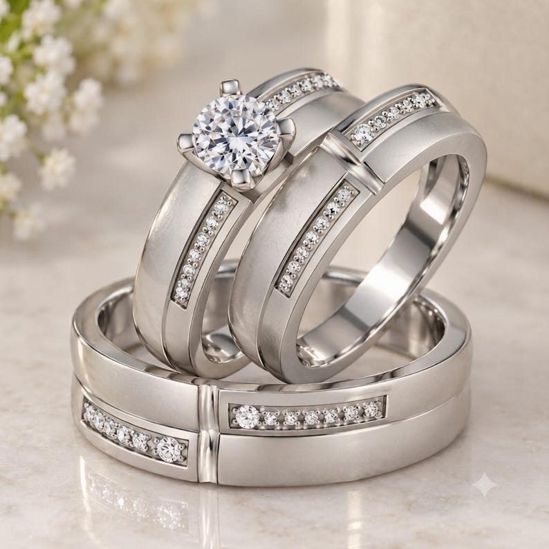 Art Deco Diamond Trio Ring Set - worn view