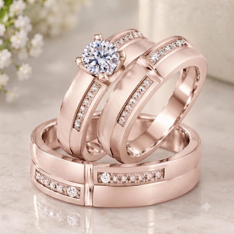 Art Deco Diamond Trio Ring Set - detail view