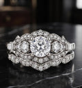 Vintage Floral Halo Engagement & Wedding Band, Moissanite Bridal Ring Set, 925 Sterling Silver with White Gold Plating