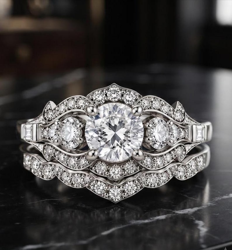 Vintage Floral Halo Engagement & Wedding Band, Moissanite Bridal Ring Set, 925 Sterling Silver with White Gold Plating