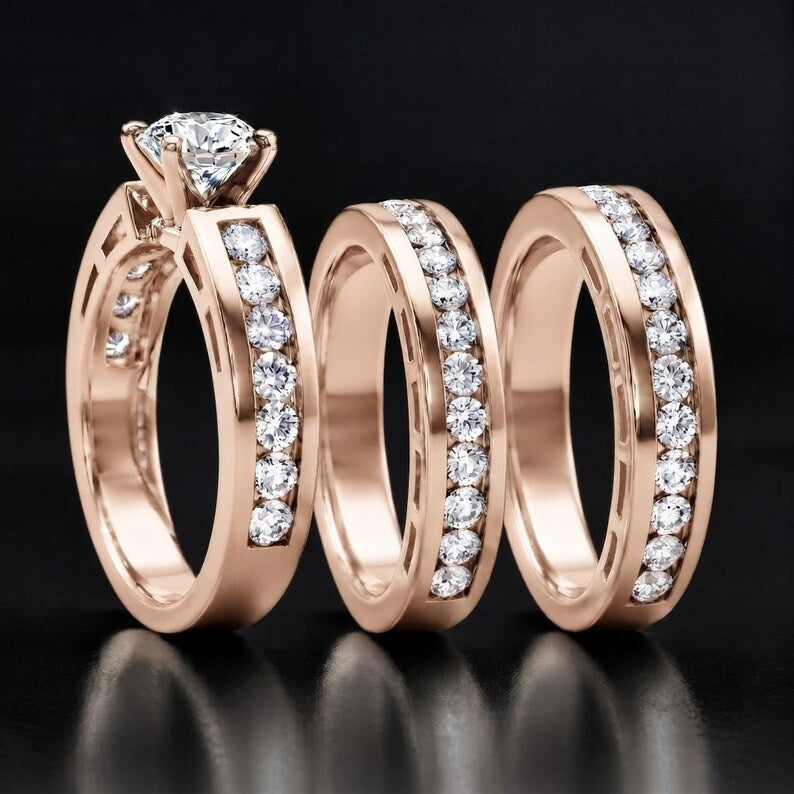 Bridal Trio Ring Set - Diamond, 14K Yellow Gold Finish