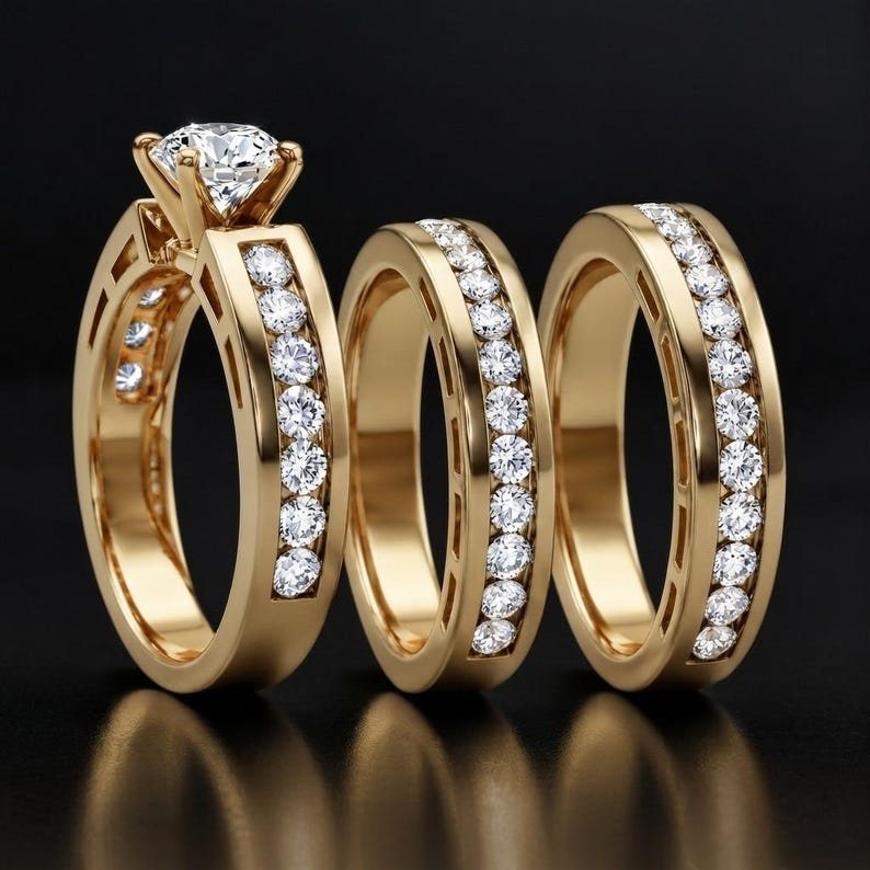 Bridal Trio Ring Set - Diamond, 14K Yellow Gold Finish