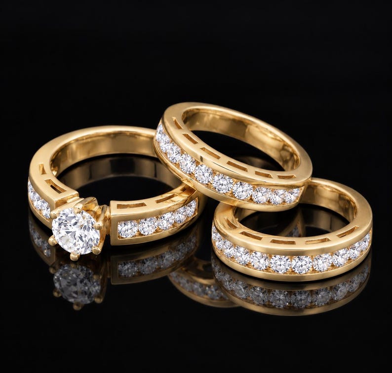 Bridal Trio Ring Set - Diamond, 14K Yellow Gold Finish
