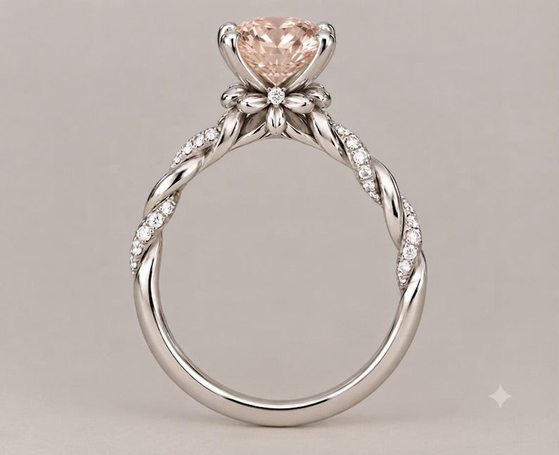 Dainty Pink Morganite Engagement ring 14K White Gold Finish Promise Ring Wedding Jewelry