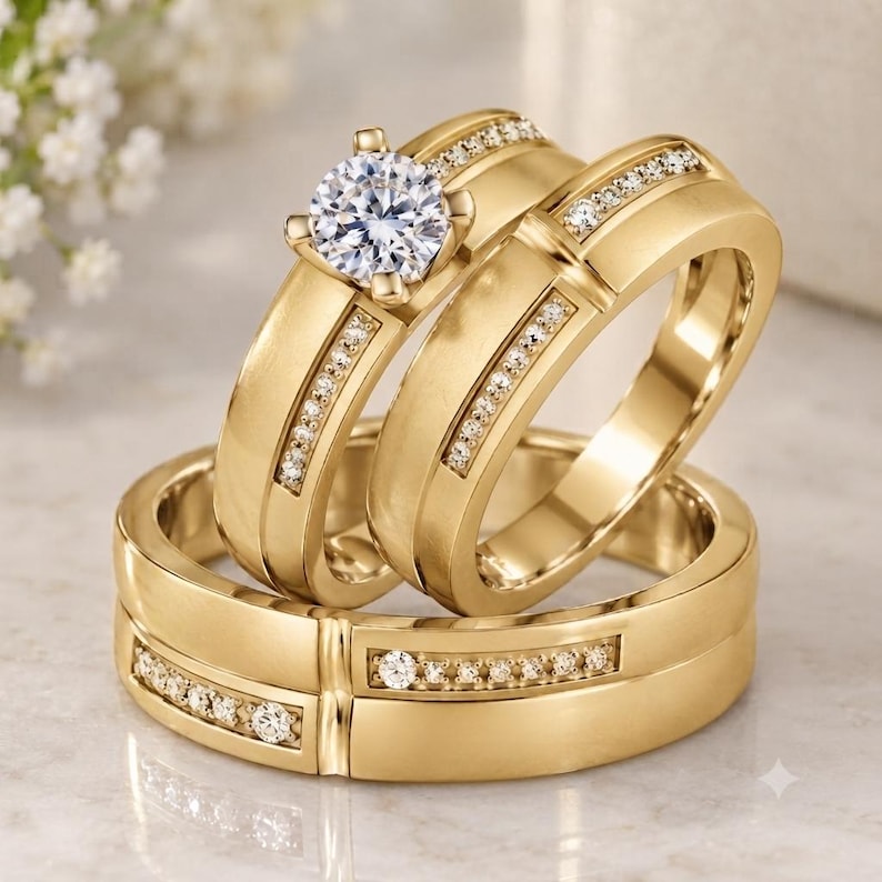 Art Deco Diamond Trio Ring Set - side view