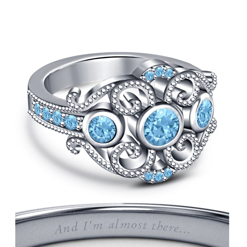 Princess-Style Ring Round Cut Multi-Stone 14K White Gold Plated, Sterling Silver