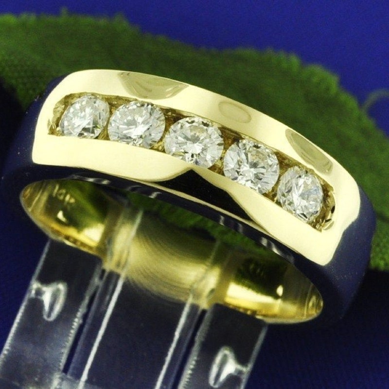 Mens 14K Yellow Gold Finish Moissanite Round Cut Iced Engagement Wedding Ring 925 Sterling Silver