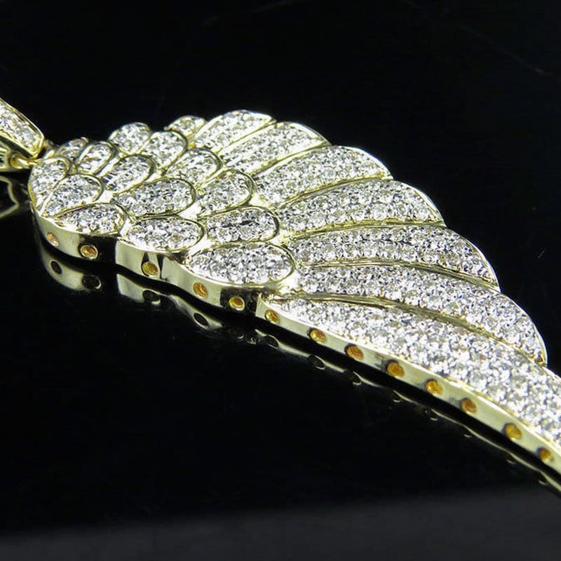 Solid 10k Yellow Gold Plated Single Angel Wing Diamond 2.25 inch Pendant 925 Sterling Silver
