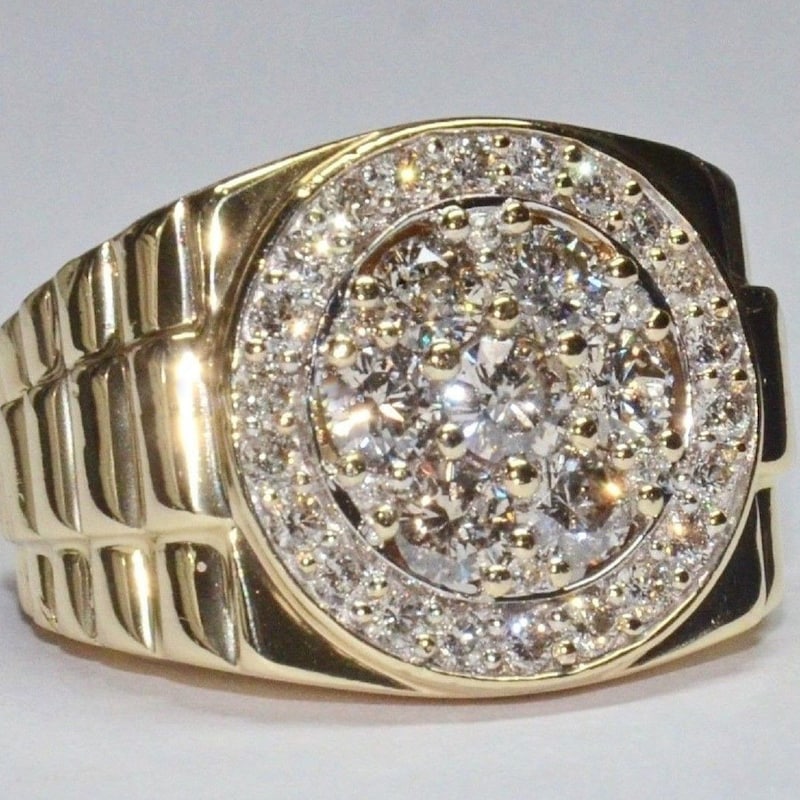 14K Yellow Gold Finish Men's Round Diamond/Moissanite Wedding Engagement Ring, Miniature Watch Ring for Men, Pinky Ring for Groom