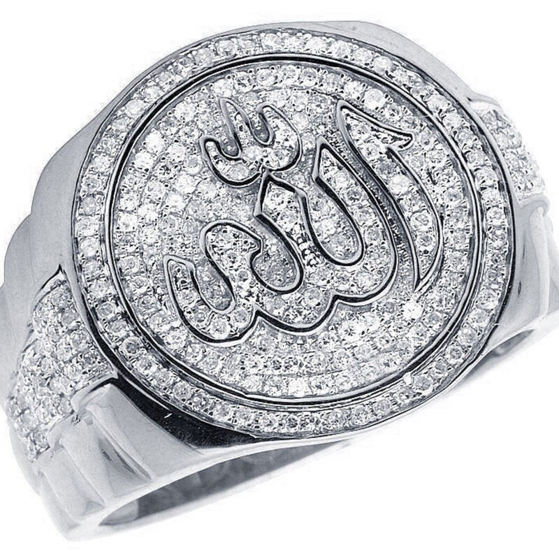 Men's 14K White Gold Over Islamic Allah Moissanite Pinky Presidential Ring 925 Silver, Ramadan Gift