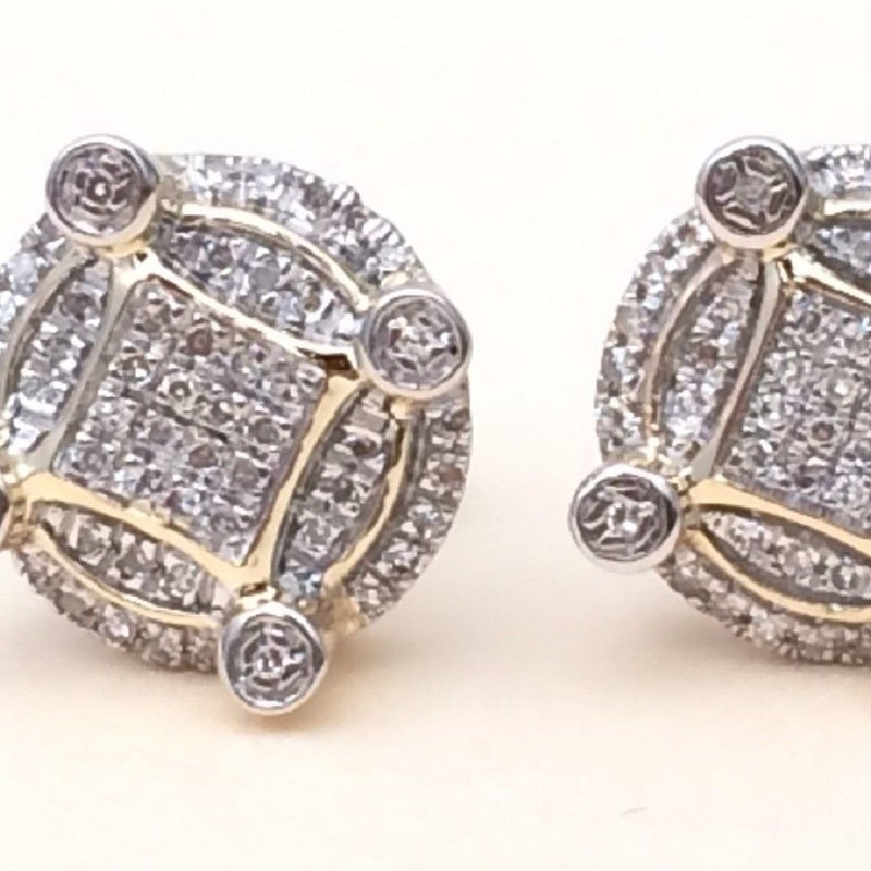 Yellow Gold Over Round Diamond  / Moissanite Studs Concave Kite Pave Mens Ladies Earrings 925 Sterling Silver, Christmas Gift
