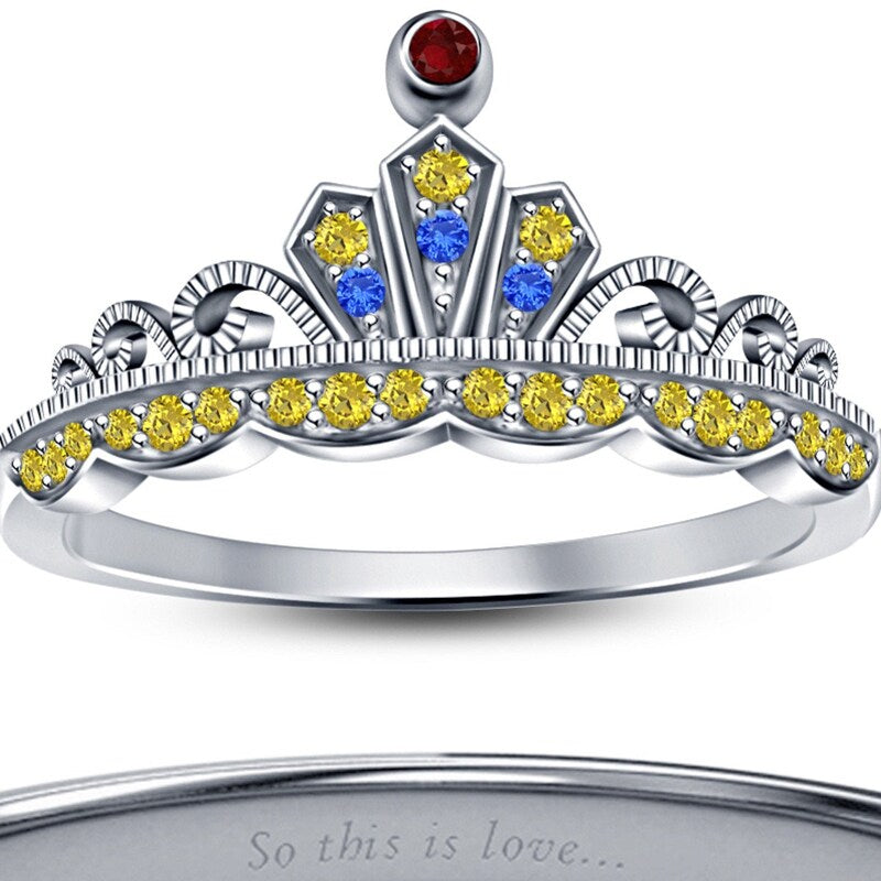 925 Sterling Silver 14k White Gold Finish Multi Colorstone Wedding Princess Crown Ring