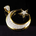 Men's 14K Yellow Gold Finish Round Cut Diamond Sterling Sterling Silver .925 Muslim / Islam Crescent Moon + Star Pendant