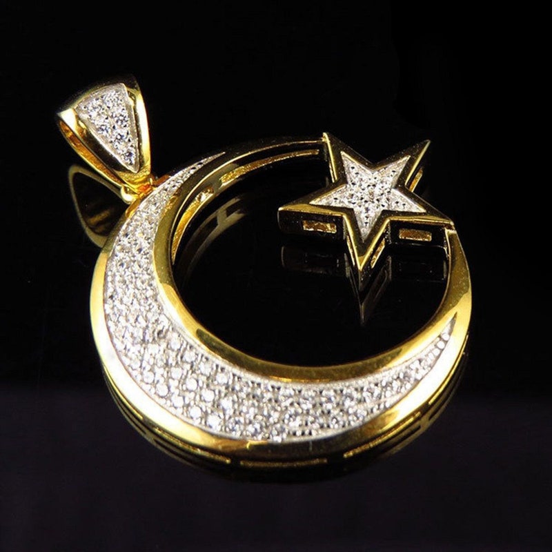 Men's 14K Yellow Gold Finish Round Cut Diamond Sterling Sterling Silver .925 Muslim / Islam Crescent Moon + Star Pendant