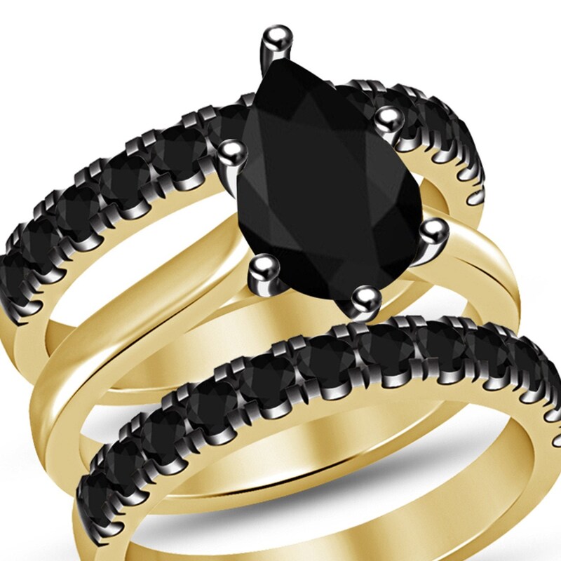 Yellow Gold Finish Pear Cut Black Diamond Ladies Engagement Ring Wedding Bridal Sets