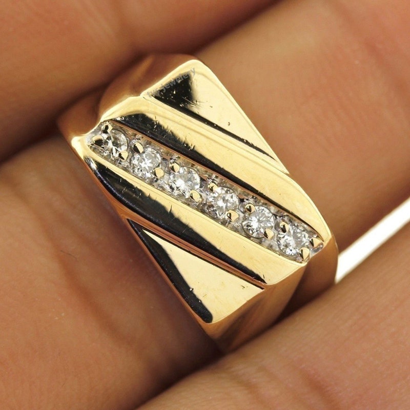 Mens 14k yellow gold Plated Ring and Round Cut diamond wedding band, wedding band, gents ring 925 Sterling Silver Ring size 7 -12
