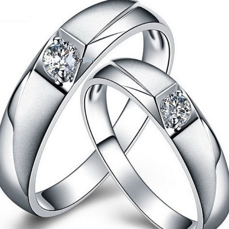 Solid Silver Couple Ring Set Promise Ring Set White Diamond Couple Ring His and Hers Commitment Ring Couples Wedding Band Engagement Band