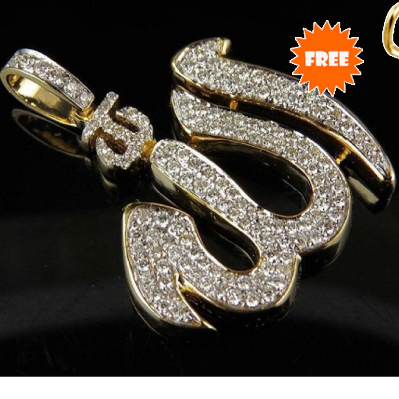 Men's 14K Yellow Gold Finish Round Cut Diamond Allah Islam Muslim Pendant,  925 Sterling Silver With Moissanite Customized Pendant