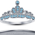 Round Cut Aquamarine Stone Tiara Ring, White Gold Plated, 925 Sterling Silver Crown Ring for Her