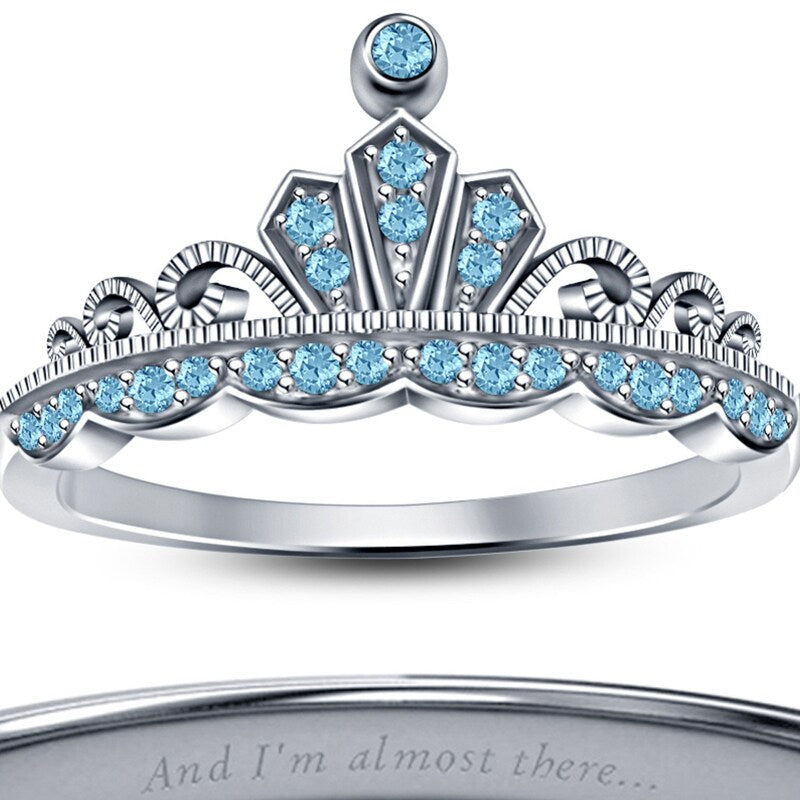 Round Cut Aquamarine Stone Tiara Ring, White Gold Plated, 925 Sterling Silver Crown Ring for Her