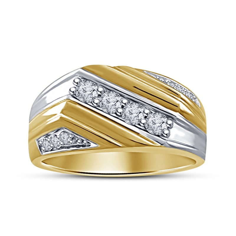 10k Two Tone Gold Filled Fancy Men's Round Brilliant Cut Diamond Solitaire Ring Solid 925 Sterling Silver