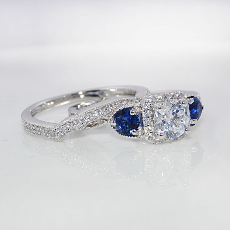 Round Cut Diamond Bridal Ring set, 925 Silver rings 14K White Gold Finish Women Engagement Ring Set Blue Topaz  Wedding Band Ring Set,