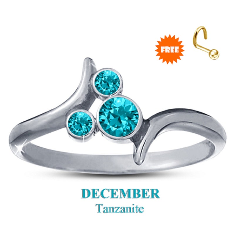 Round Cut Fashion Ring, Tanzanite Sterling Silver December Birthstone Ring 925 14k White Gold Finish