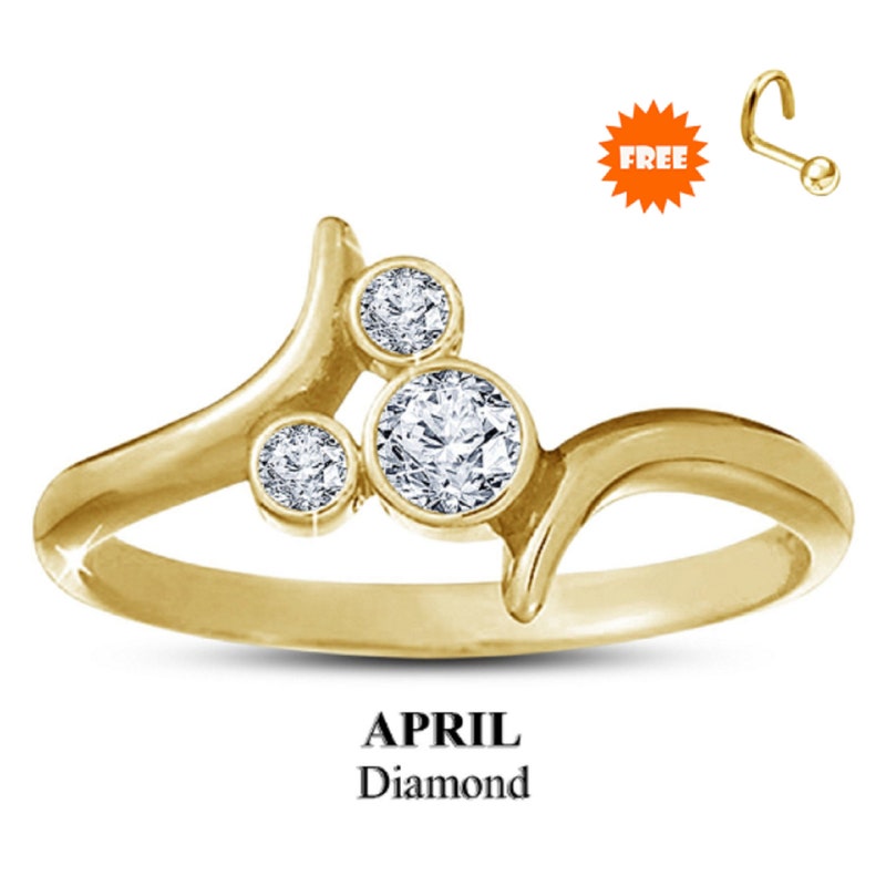 Birthstone Ring, 925 Sterling Silver April Diamond Birthstone Ring Yellow Gold Finish, Fashion Ring Gift