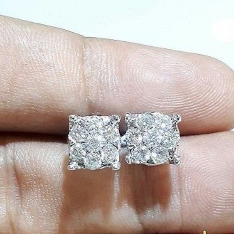 Round Diamond Floral Stud Earrings Diamond Halo Stud Earrings 14K Solid gold Finish Stud Earrings Square Shape Stud Earrings Tiny earring