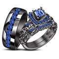 Men Women Trio Rings Set Blue Sapphire Wedding Band Marriage 14k Black Gold Over