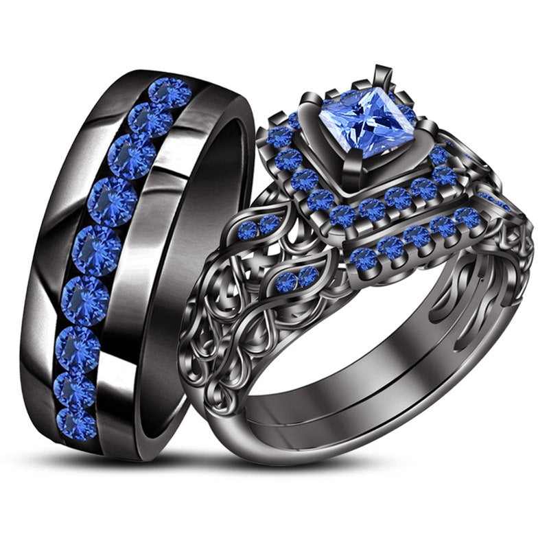Men Women Trio Rings Set Blue Sapphire Wedding Band Marriage 14k Black Gold Over