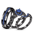 Blue Sapphire Engagement Trio Ring Set Black Gold Finish 925 Sterling Silver Free Gift