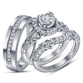 White Gold Finish 925 Sterling Silver Diamond Engagement Ring, Wedding Band Trio Ring Set, Couple's Ring, Ring for groom and bride
