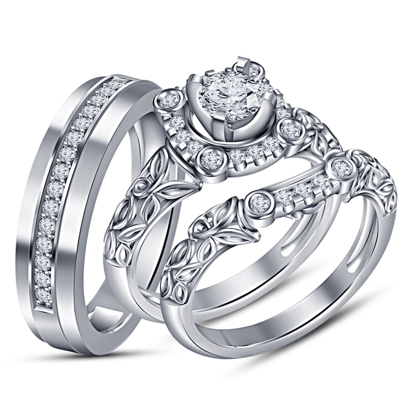 White Gold Finish 925 Sterling Silver Diamond Engagement Ring, Wedding Band Trio Ring Set, Couple's Ring, Ring for groom and bride