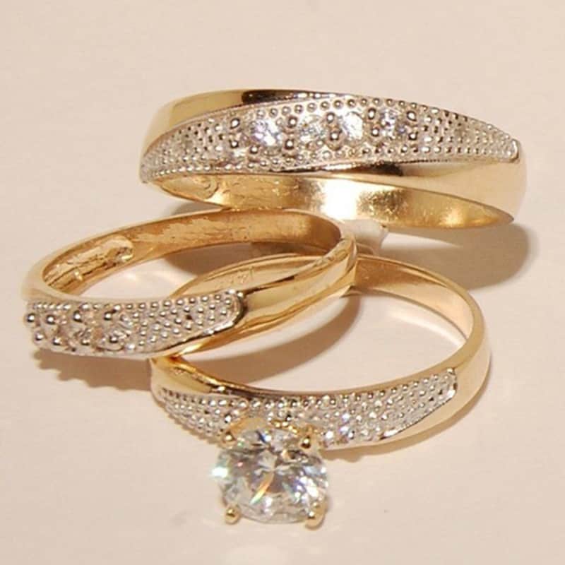Men & women's Engagement Wedding Ring Set, Gold FN Solitaire With Accent rings For Bride - Groom, Best Ring Pairs For Couple, Couple's Rings