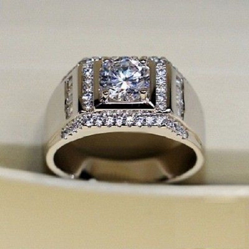 Men's Diamond Ring, 14K White Gold Finish 1.25 Ct VVS1 Diamond Pinky Engagement Wedding Band Ring, Moissanite Ring For Groom, Men's Jewelry