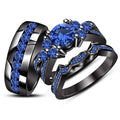 Blue Sapphire Vintage Wedding Rings For Men & Women, 925 Silver Couple's Trio Engagement Ring Set, His Her Black Gold Fn Wedding Jewelry