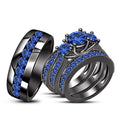His & Her Trio Ring Set, 14k Black Gold Finish 925 Silver Couple's Ring, Blue Sapphire Engagement Ring Wedding matching Band Set, Free Gift