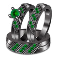 His Her Men's Women's 3 Pcs Green Sapphire Wedding Trio Ring Set 10k Black Gold Plated