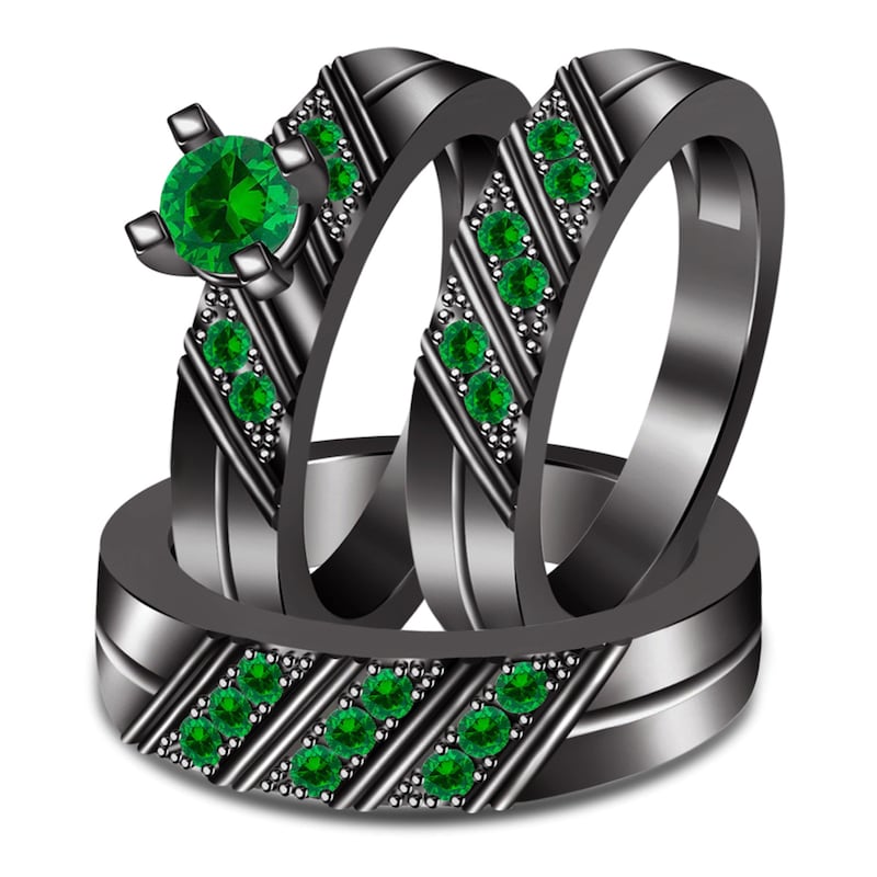 His Her Men's Women's 3 Pcs Green Sapphire Wedding Trio Ring Set 10k Black Gold Plated