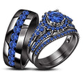 Bride & Groom Trio Engagement Ring Set/ Blue Sapphire Black Gold Over 925 Sterling Silver Rings/ Elegant Ring Set For Couple/ Anniversary